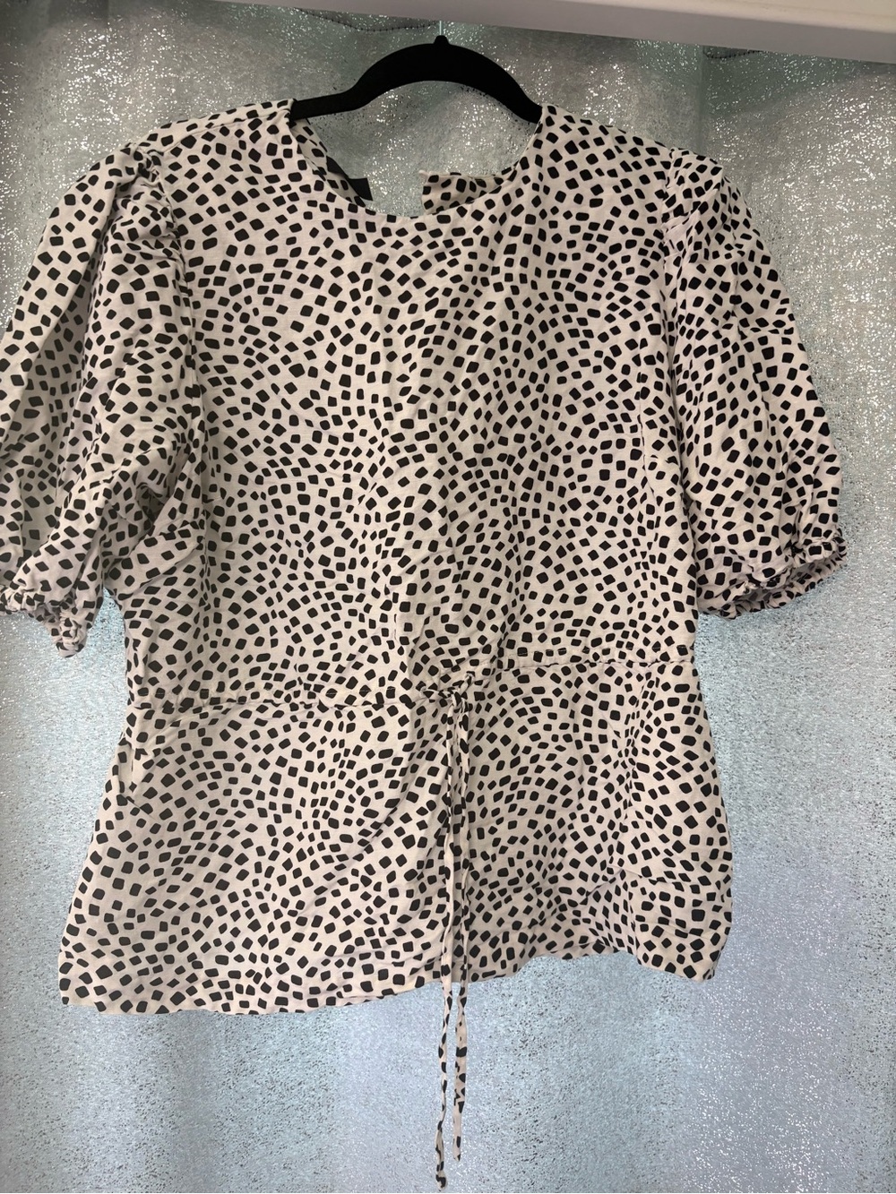 Alfani Cream Top with Black Abstract Dot Print and Puff Sleeves